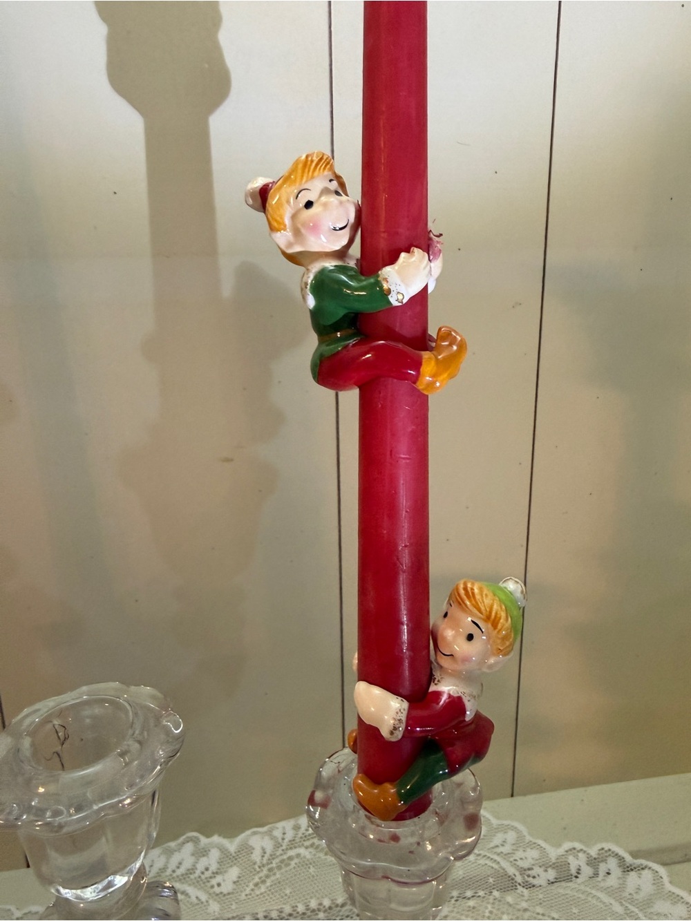 Pair of Vintage Gorham Christmas Pixie Elves Candle Huggers/Candle Climbers.